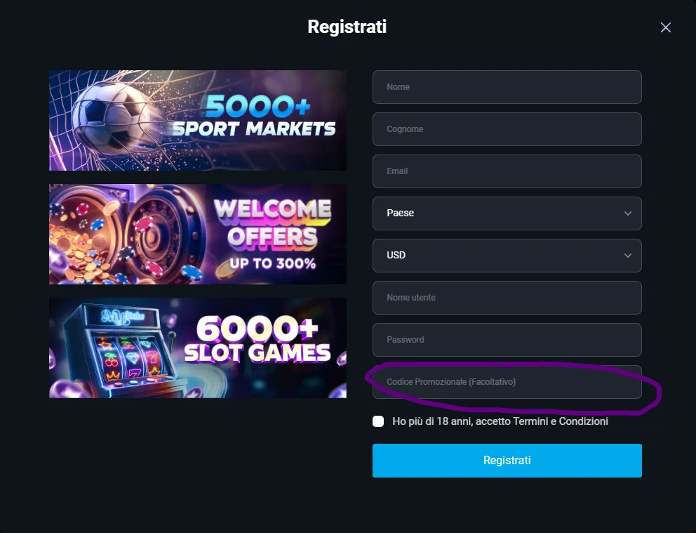 Registration form with the promo code field highlighted, desktop view