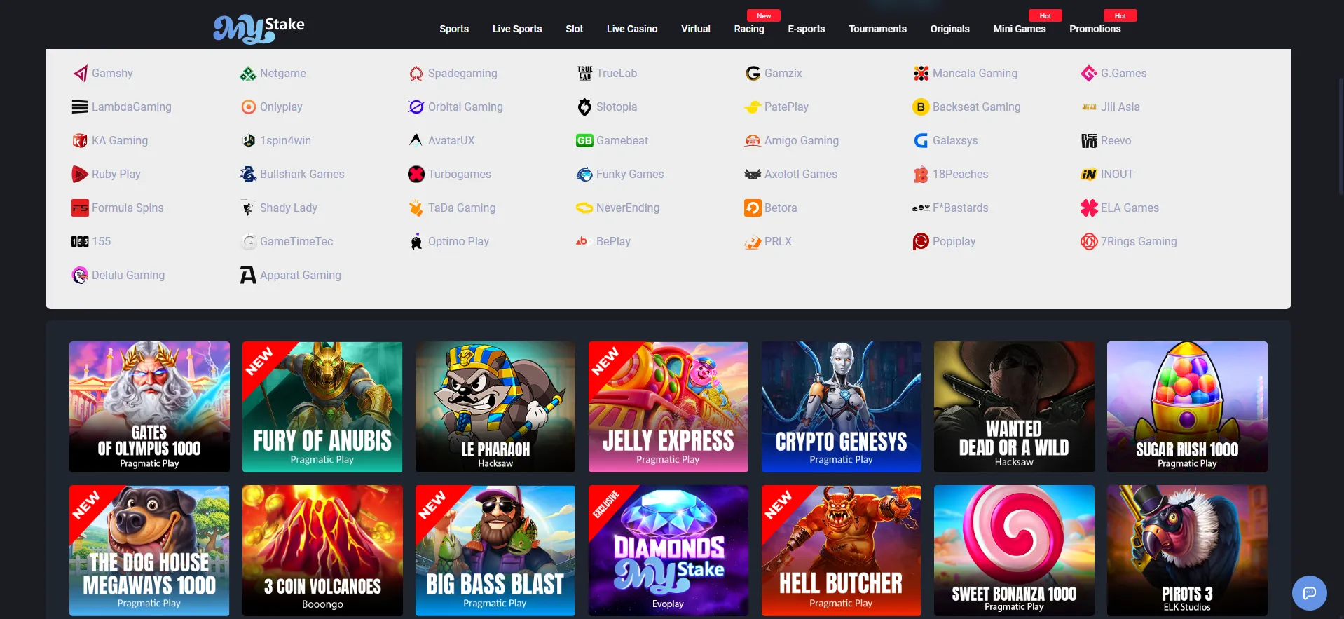 Slots lobby with the provider filter open, desktop view