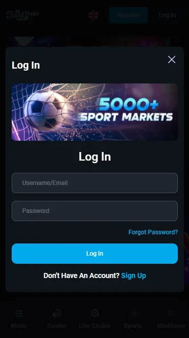 MyStake login window with the username and password fields