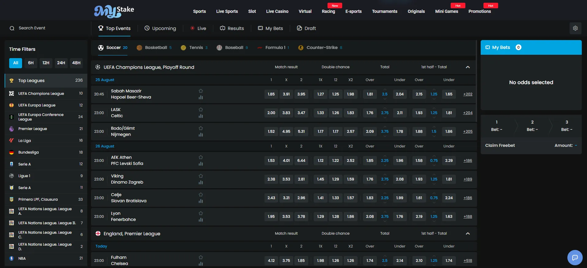 Sportsbook in-play page with live football markets, desktop view