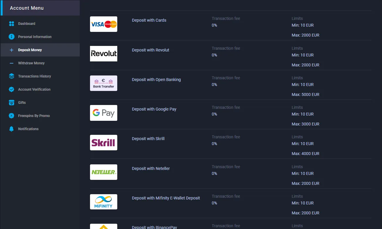 MyStake cashier with the deposit methods listed, desktop view