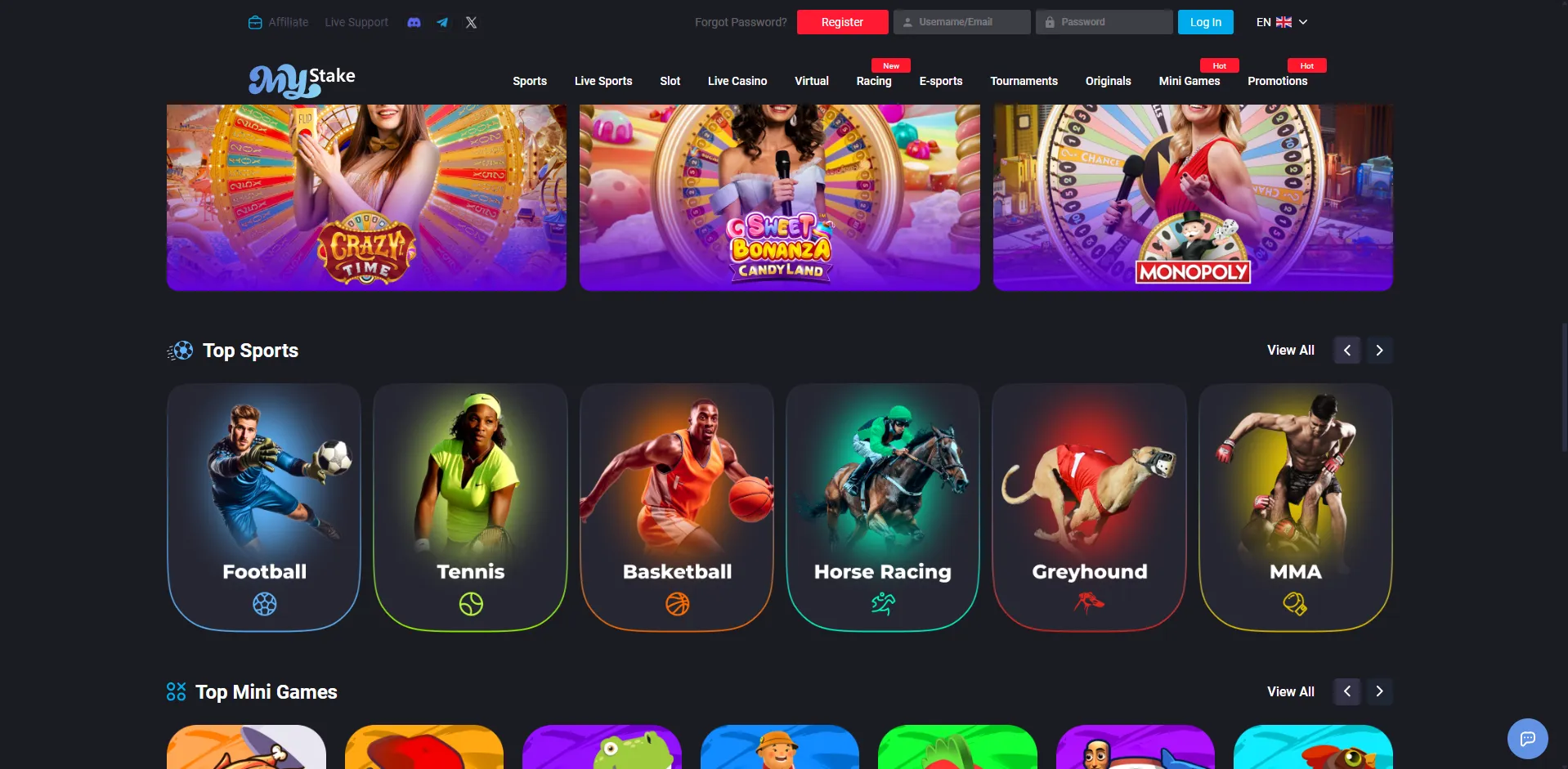 Overview screen of the MyStake product tabs: casino, live, minigames, sportsbook