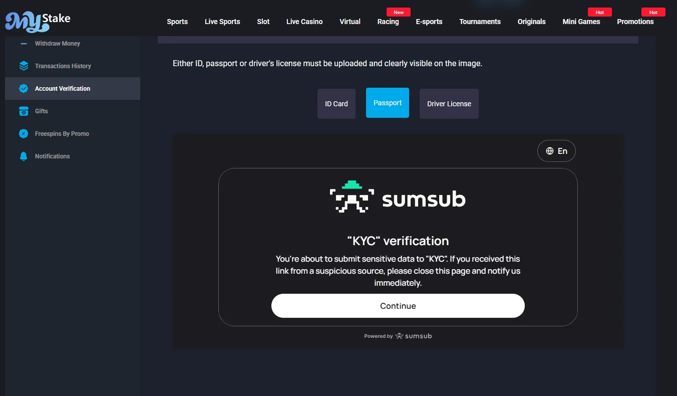 Sumsub document upload step inside the MyStake account, desktop view