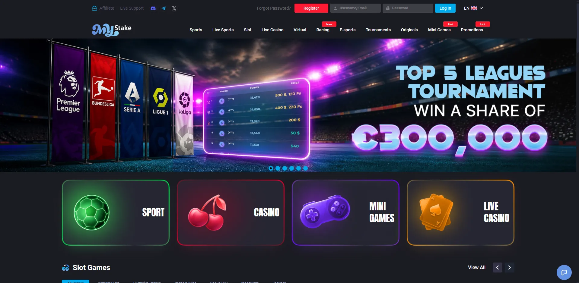 MyStake casino homepage lobby, desktop view with the Register button visible