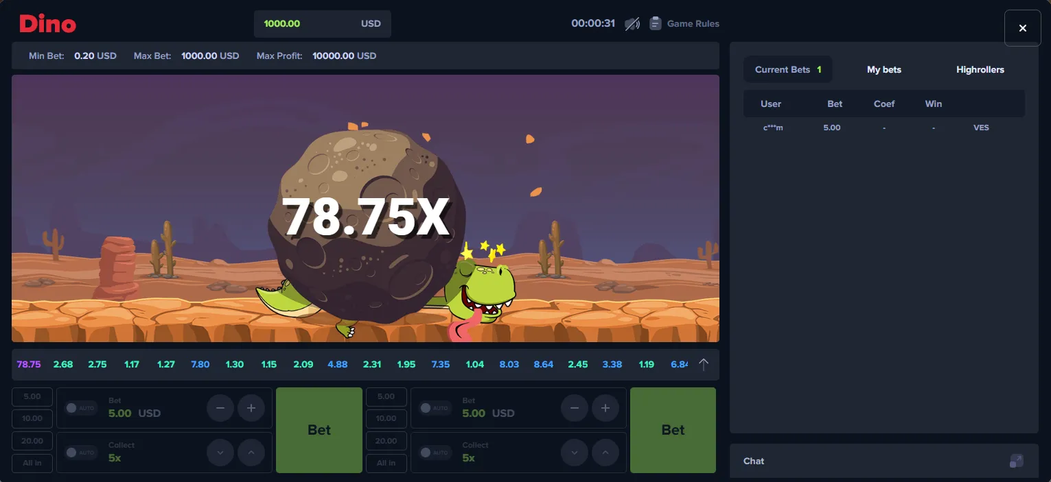 Dino game screen on MyStake, desktop view